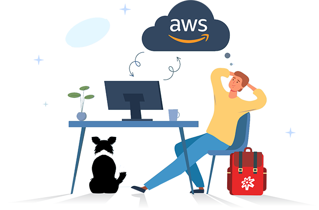 Graphic of a guy thinking of AWS sitting next to his desk