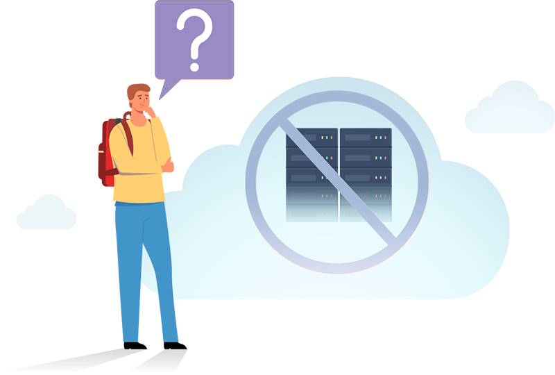 Graphic of a guy thinking in front of a cloud with a server with a crossed out circle